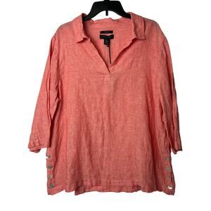 NWT Tahari 100% Linen Tunic Top Womens 2X Pink Button Detail 3/4 Sleeves V-neck